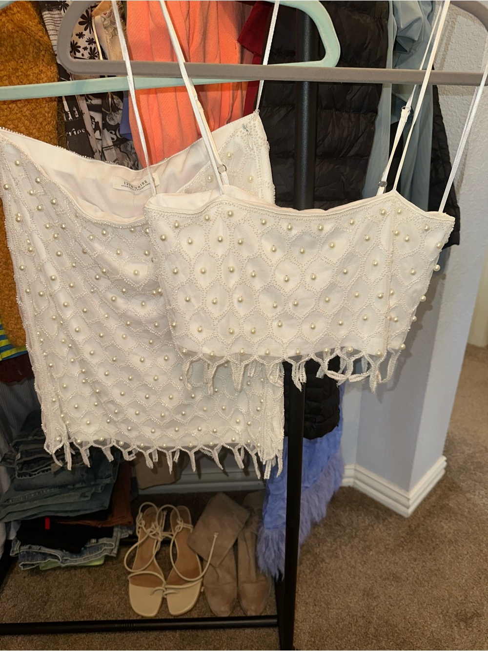 12th Tribe White Beaded Crop Top and Skirt Set